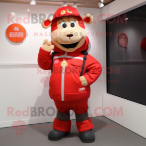 Red Pig mascot costume character dressed with a Parka and Belts