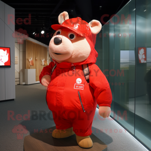 Red Pig mascot costume character dressed with a Parka and Belts