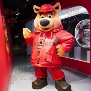 Red Pig mascot costume character dressed with a Parka and Belts