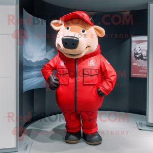 Red Pig mascot costume character dressed with a Parka and Belts