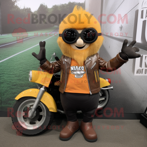 Rust Mango mascot costume character dressed with a Biker Jacket and Reading glasses