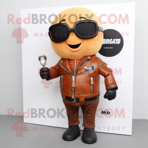 Rust Mango mascot costume character dressed with a Biker Jacket and Reading glasses