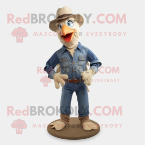 Beige Rooster mascot costume character dressed with a Denim Shirt and Suspenders