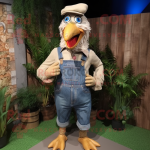 Beige Rooster mascot costume character dressed with a Denim Shirt and Suspenders