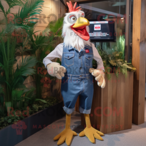 Beige Rooster mascot costume character dressed with a Denim Shirt and Suspenders