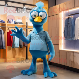 Cyan Dodo Bird mascot costume character dressed with a Flare Jeans and Sunglasses