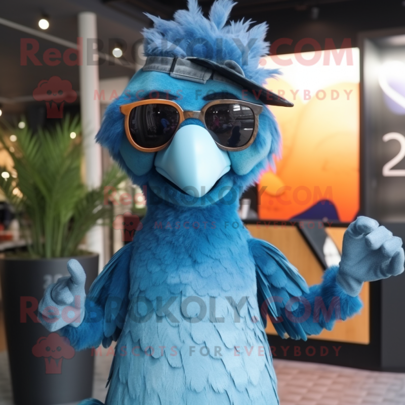 Cyan Dodo Bird mascot costume character dressed with a Flare Jeans and Sunglasses