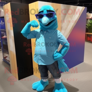 Cyan Dodo Bird mascot costume character dressed with a Flare Jeans and Sunglasses