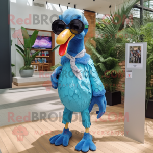 Cyan Dodo Bird mascot costume character dressed with a Flare Jeans and Sunglasses