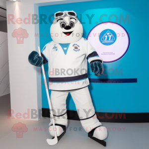 White Ice Hockey Stick mascot costume character dressed with a Cardigan and Smartwatches