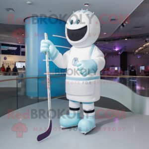 White Ice Hockey Stick mascot costume character dressed with a Cardigan and Smartwatches