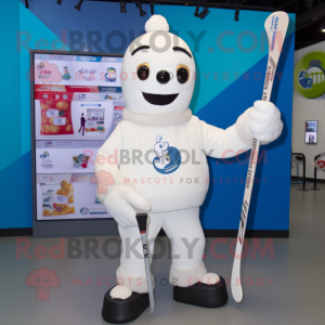 White Ice Hockey Stick mascot costume character dressed with a Cardigan and Smartwatches