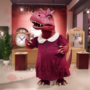 Maroon Iguanodon mascot costume character dressed with a A-Line Dress and Watches