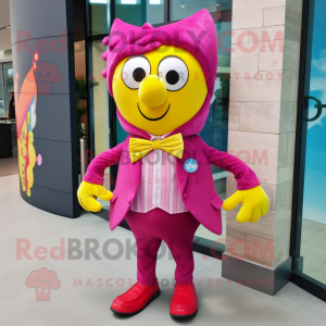Magenta Lemon mascot costume character dressed with a Jeans and Bow ties