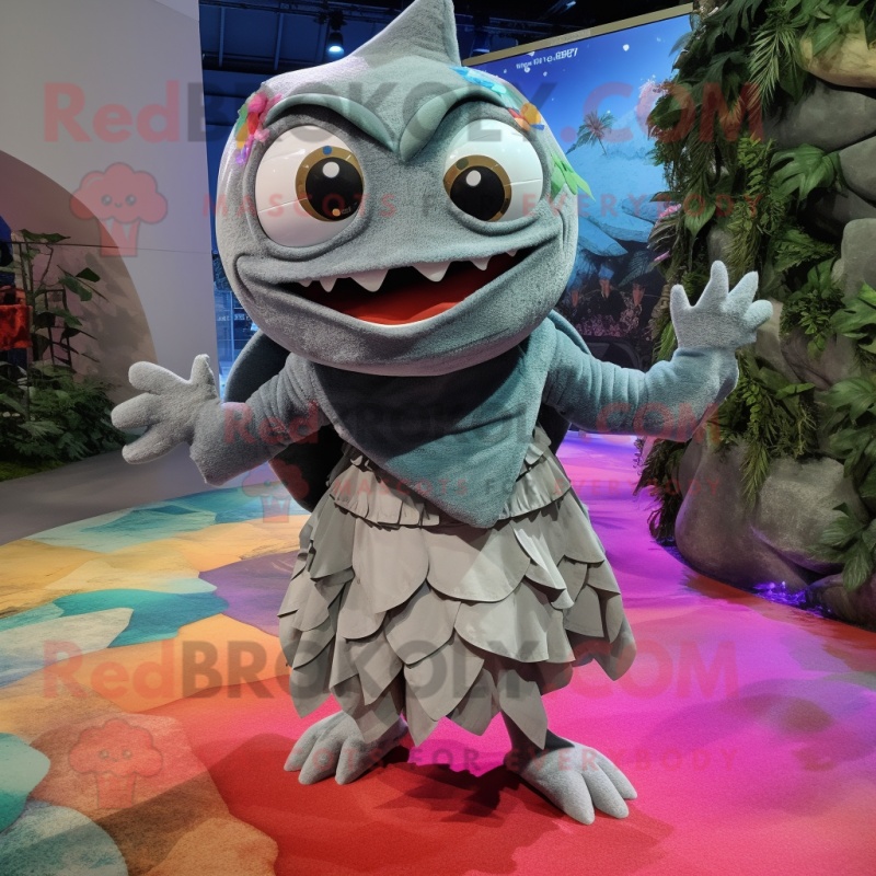 Silver Piranha mascot costume character dressed with a Wrap Skirt and Mittens Silver Piranha mascot costume character dressed with a Wrap Skirt and Mittens