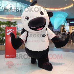 Black Beluga Whale mascot costume character dressed with a Polo Shirt and Belts