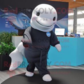 Black Beluga Whale mascot costume character dressed with a Polo Shirt and Belts