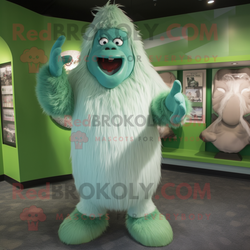 Green Yeti mascot costume character dressed with a A-Line Dress and Hats Green Yeti mascot costume character dressed with a A-Line Dress and Hats