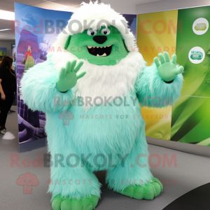 Green Yeti mascot costume character dressed with a A-Line Dress and Hats