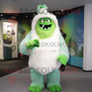Green Yeti mascot costume character dressed with a A-Line Dress and Hats