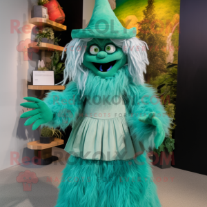 Green Yeti mascot costume character dressed with a A-Line Dress and Hats