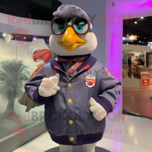 nan Pigeon mascot costume character dressed with a Bomber Jacket and Lapel pins