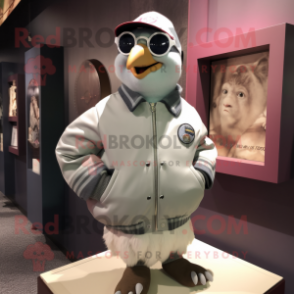 nan Pigeon mascot costume character dressed with a Bomber Jacket and Lapel pins