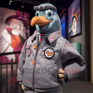 nan Pigeon mascot costume character dressed with a Bomber Jacket and Lapel pins