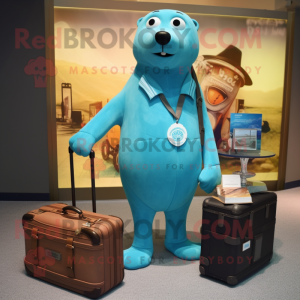 Turquoise Seal mascot costume character dressed with a Mom Jeans and Briefcases