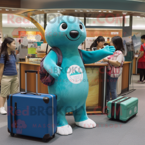 Turquoise Seal mascot costume character dressed with a Mom Jeans and Briefcases