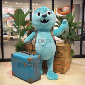 Turquoise Seal mascot costume character dressed with a Mom Jeans and Briefcases