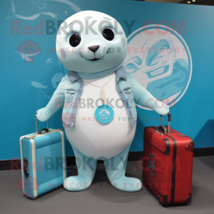 Turquoise Seal mascot costume character dressed with a Mom Jeans and Briefcases