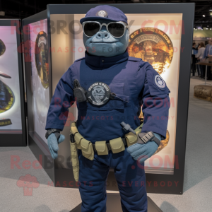 Navy Navy Seal mascot costume character dressed with a Turtleneck and Bracelets