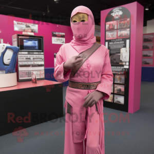 Pink Gi Joe mascot costume character dressed with a Wrap Dress and Shawl pins