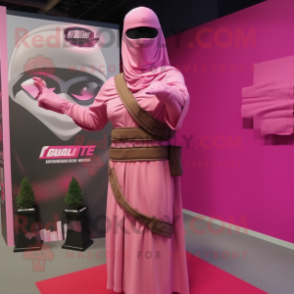 Pink Gi Joe mascot costume character dressed with a Wrap Dress and Shawl pins