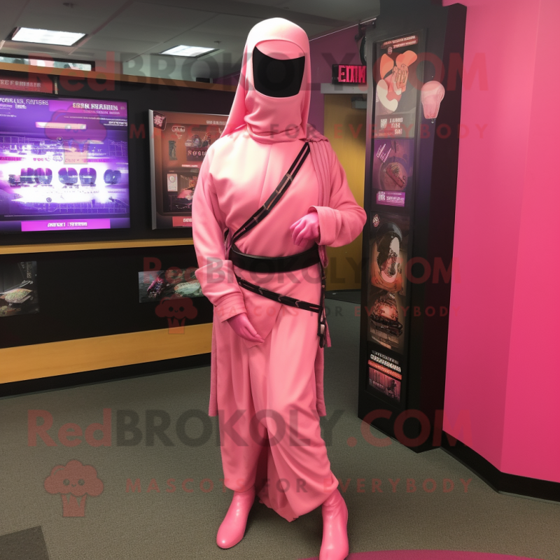 Pink Gi Joe mascot costume character dressed with a Wrap Dress and Shawl pins