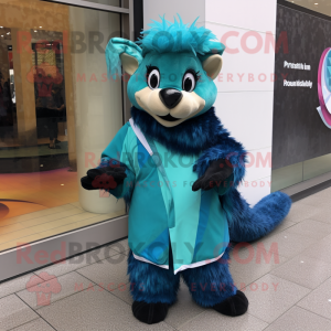 Turquoise Skunk mascot costume character dressed with a Raincoat and Scarves