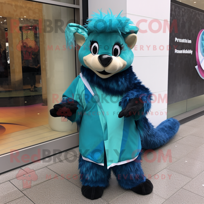 Turquoise Skunk mascot costume character dressed with a Raincoat and Scarves Turquoise Skunk mascot costume character dressed with a Raincoat and Scarves