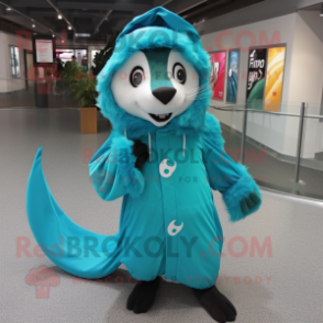 Turquoise Skunk mascot costume character dressed with a Raincoat and Scarves