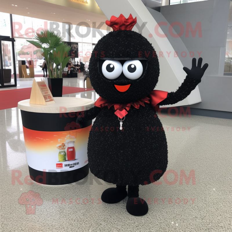 Black Fried Rice mascot costume character dressed with a Cocktail Dress and Bracelets Black Fried Rice mascot costume character dressed with a Cocktail Dress and Bracelets