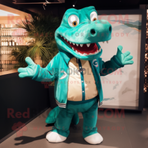 Teal Crocodile mascot costume character dressed with a Bomber Jacket and Watches