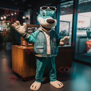 Teal Crocodile mascot costume character dressed with a Bomber Jacket and Watches