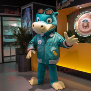 Teal Crocodile mascot costume character dressed with a Bomber Jacket and Watches