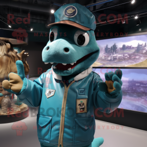 Teal Crocodile mascot costume character dressed with a Bomber Jacket and Watches