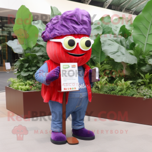 Red Cabbage mascot costume character dressed with a Flare Jeans and Reading glasses