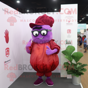 Red Cabbage mascot costume character dressed with a Flare Jeans and Reading glasses
