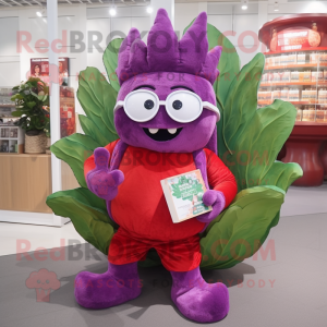 Red Cabbage mascot costume character dressed with a Flare Jeans and Reading glasses