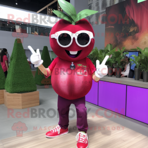 Magenta Apple mascot costume character dressed with a Jeans and Sunglasses