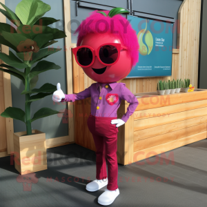 Magenta Apple mascot costume character dressed with a Jeans and Sunglasses