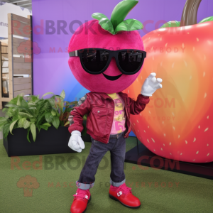 Magenta Apple mascot costume character dressed with a Jeans and Sunglasses